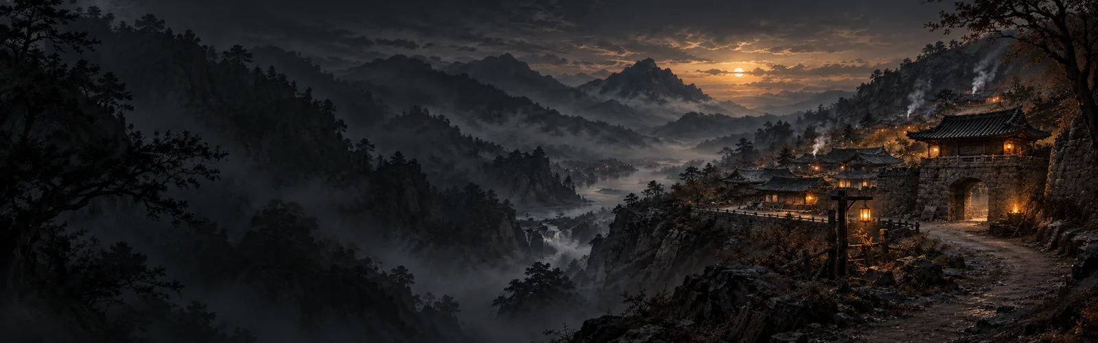 안개 산맥과 누각을 그린 수묵 삽화